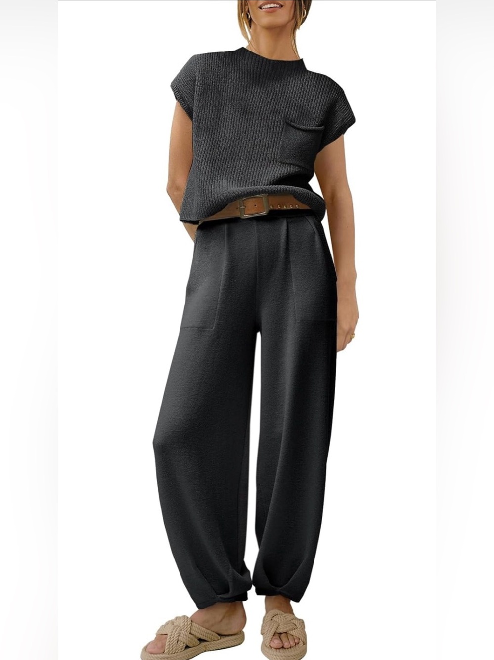 Anrabess Women’s Casual Black Ribbed Pocket Two- Piece Elevated Set, Size Medium - Picture 2 of 16